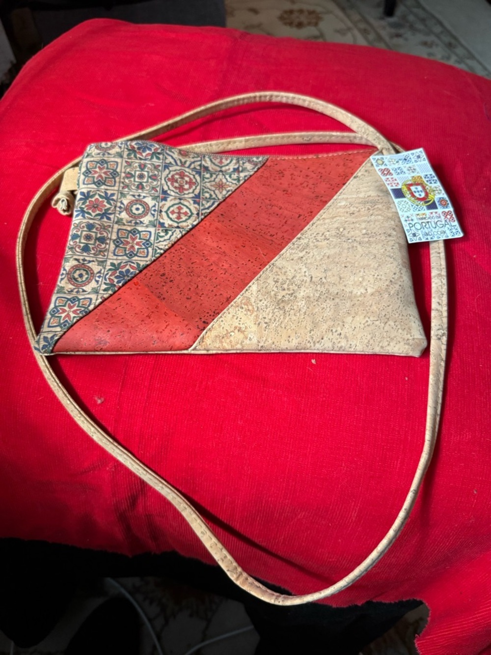 Handcrafted Cork Crossbody Bag - Natural & Rust Red with Mosaic Accent.
